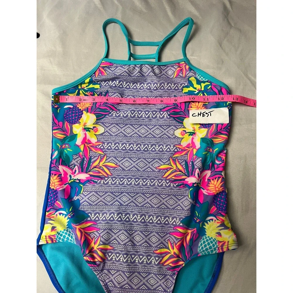 Wonder Nation Girls L 10-12 One Piece Swimsuit Tropical Pineapple Cobalt Crush